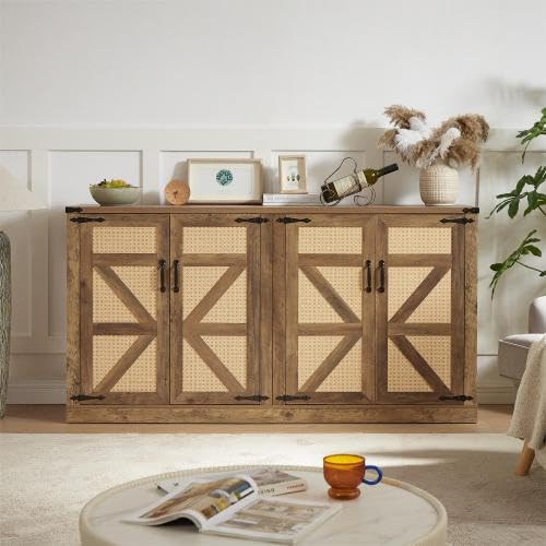 Farmfouse Sideboard Buffet Cabinet- Rattan gtorage Cabinet with 4 Barn Door, Boho Buffet Table & Coffee Bar Cabinet,Wooden lodern 65