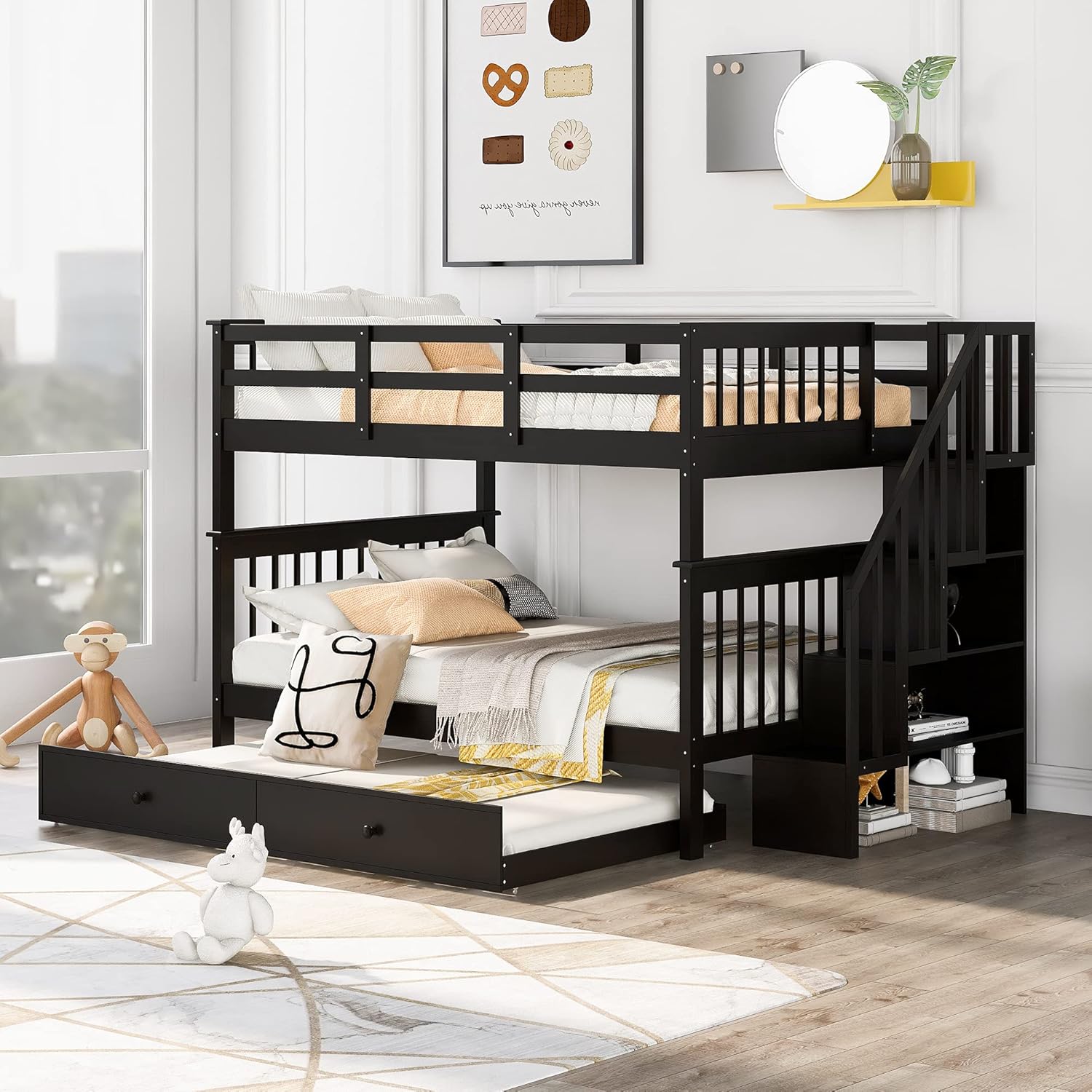 Harper & Bright Designs Stairway Full Over Full Bunk Bed with Trundle,Detachable Bunk Beds Full Over Full for Adults,Wood Full Bunk Beds Frame with Storage Shelves for Kids Teens Girls Boys, Espresso