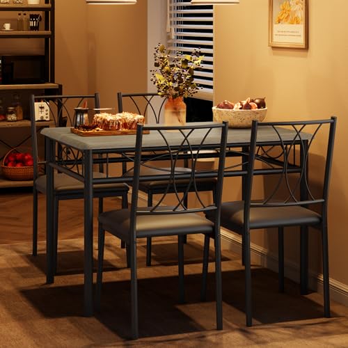 Kitchen Table and Chairs for 4, Dining Table Set for 4, Rectangular Dining Room Table Set with 4 Upholstered Chairs, 5 Piece Kitchen Table Set for Small Space, Apartment, Rustic Gray