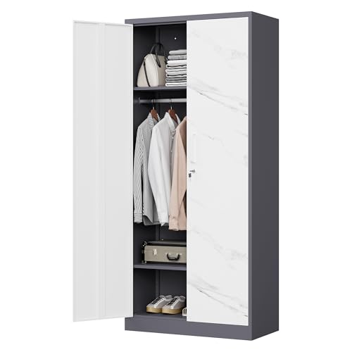 MIIIKO Steel Wardrobe Cabinet with 2 Doors, White Metal Locker Cabinet for Storage with Hanging Rod and 4 Shelves, Lockable Metal Closet Cabinet for Bedroom, Cloakroom and Home Office