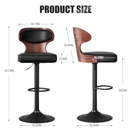 Bar Stools Set of 4,Counter Height Bar Stools,Adjustable Faux Leather Upholstered Swivel Counter Stools, Bentwood Barstools with Back & Footrest,Bar Chair for Dining Room,Kitchen,Black