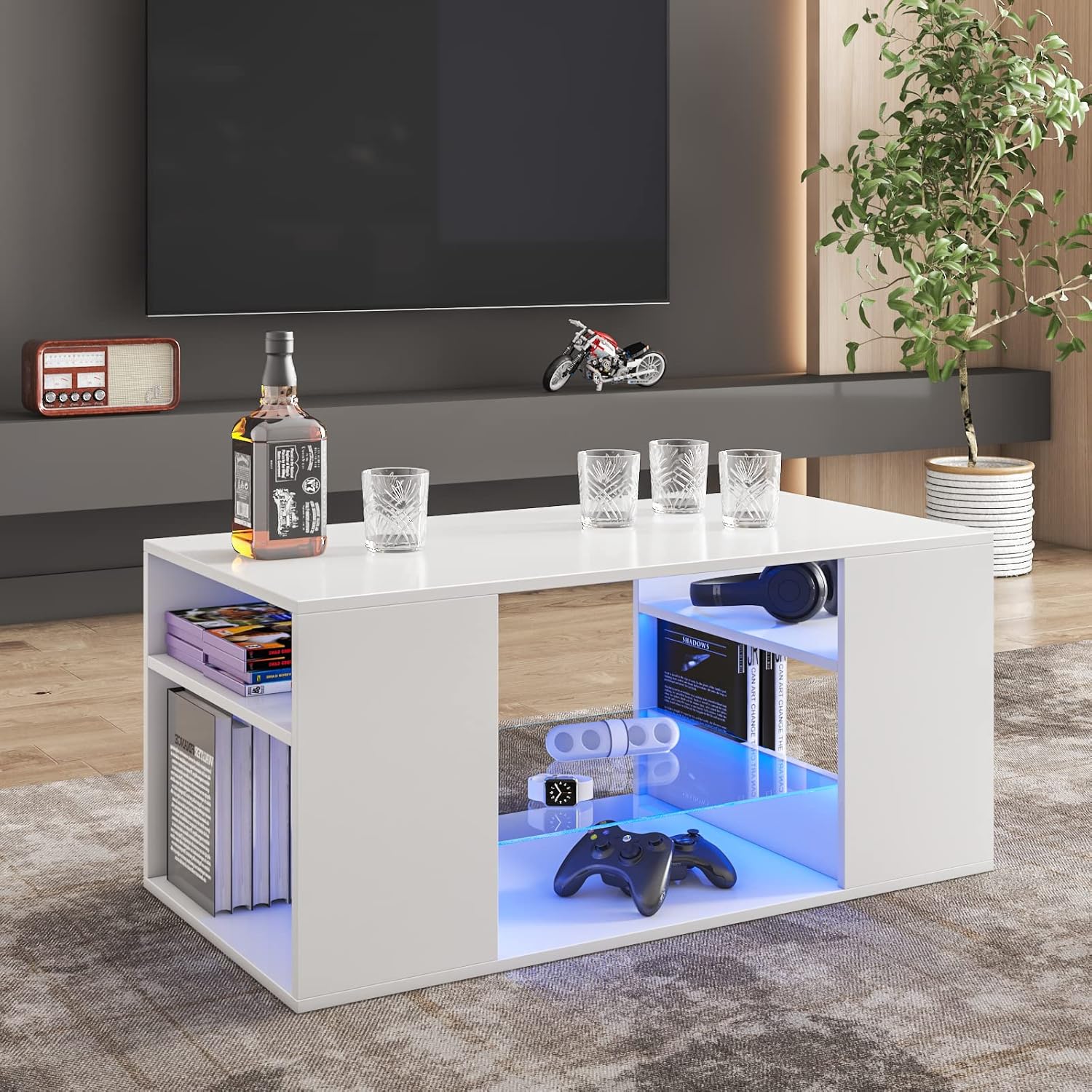 HOMMPA LED Coffee Tables for Living Room Modern White Coffee Table with 3 Shelves Open Glass Storage High Glossy Center Table Sofa Cocktail Table with 16 Colors LED Lights for Home Furniture White