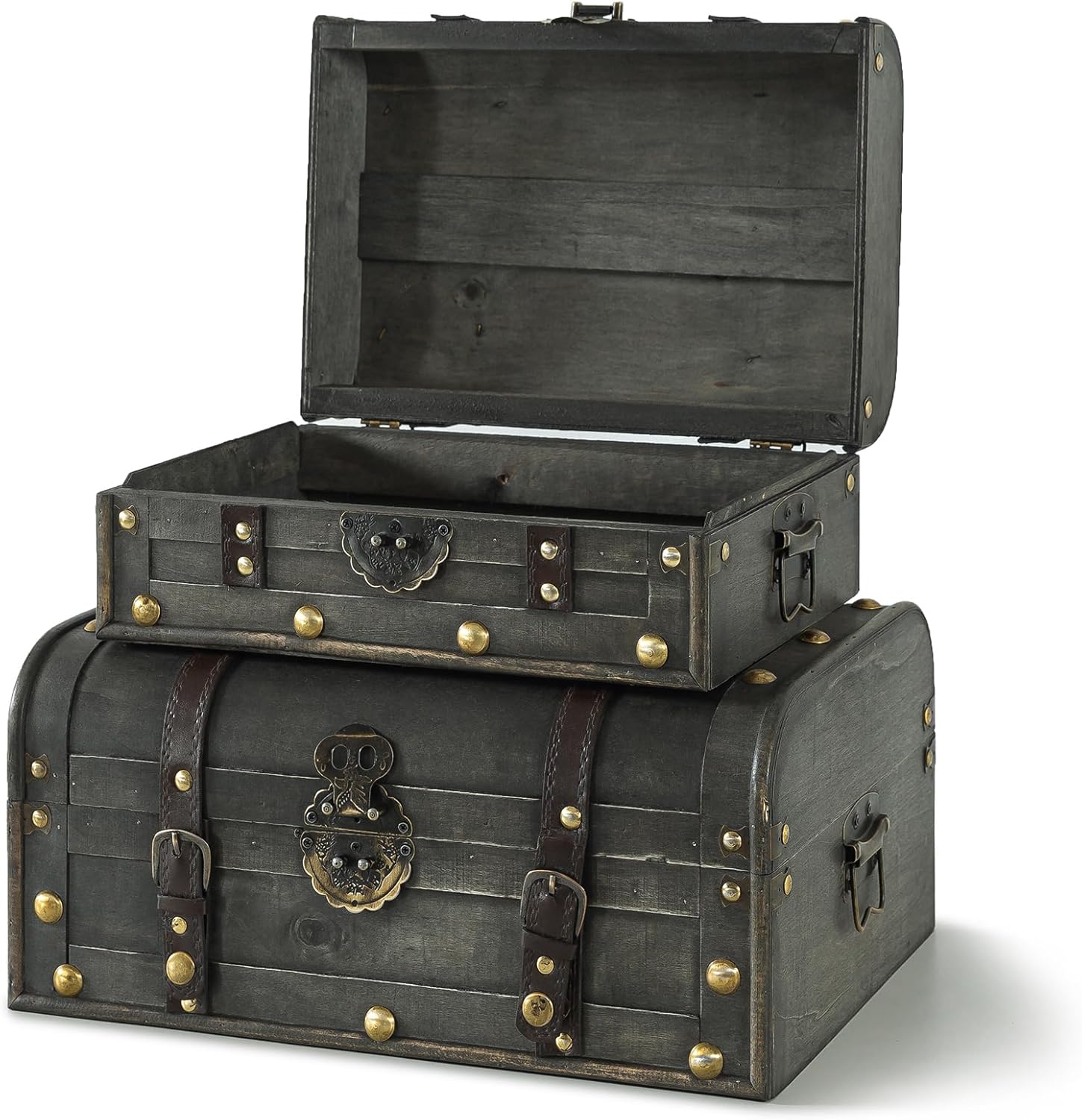 Soul & Lane Explorations Wooden Decorative Storage Boxes - Set of 2, Wood Pirate Chest for Keepsakes and Home Décor, Vintage Suitcase Trunks with Hinged Lids
