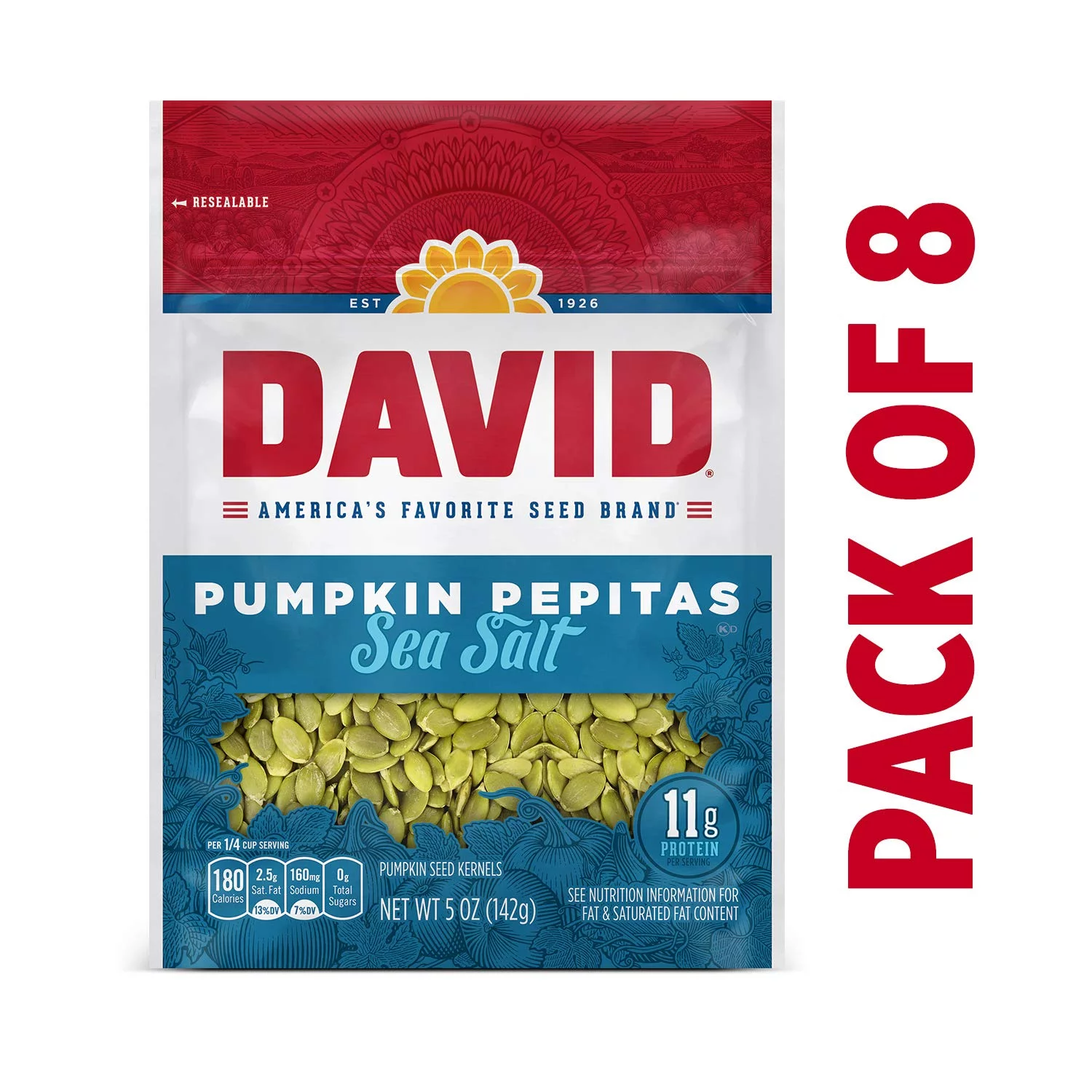 DAVID Sea Salt Pumpkin Pepitas Seeds 5-oz. Resealable Bag (Pack of 8)