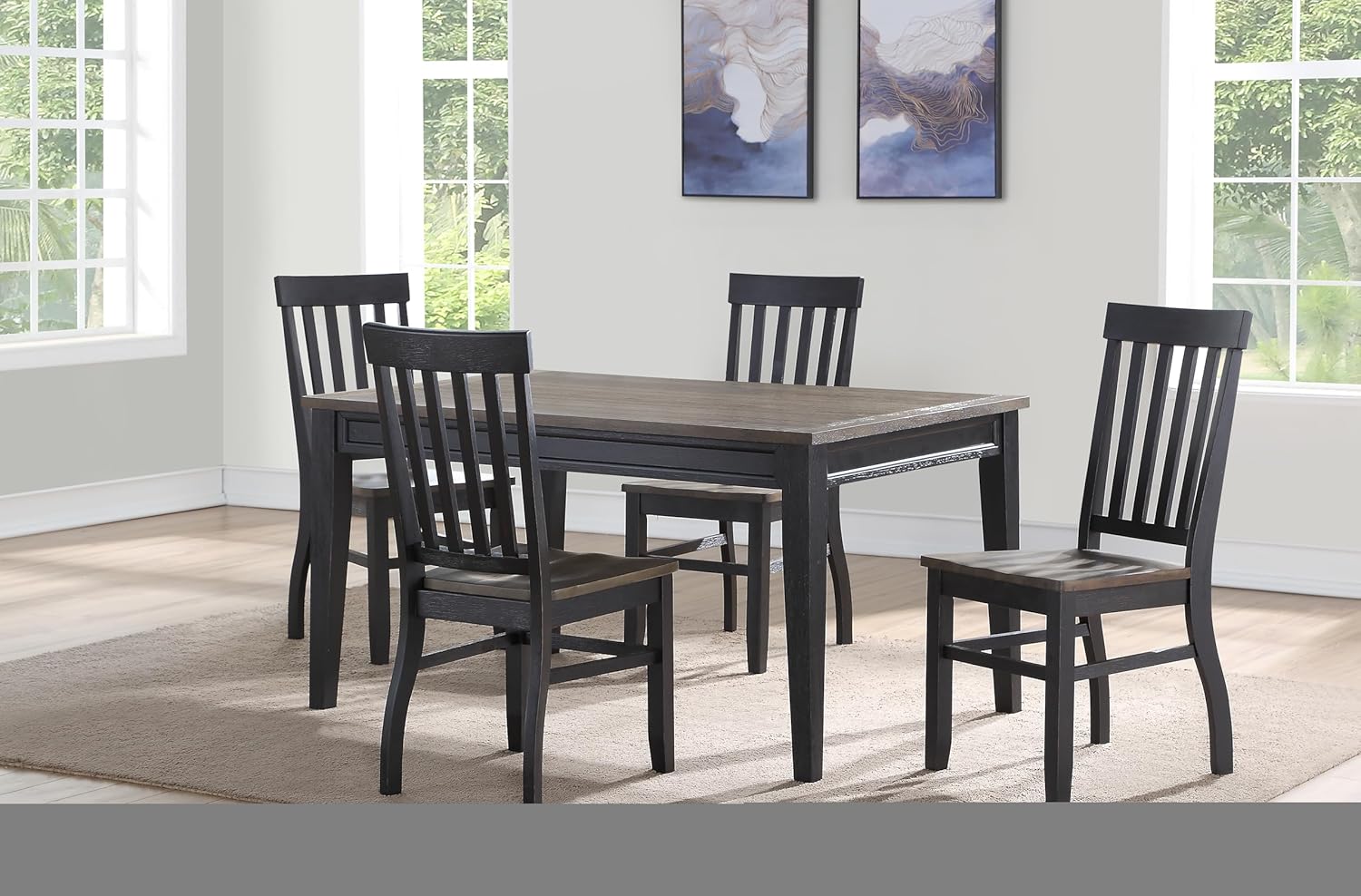 Farmhouse 5pc Dining Set: Two-Tone Brown Finish, Cottage Style Table with Plank Effect Top, Schoolhouse Chairs, 4-Seater