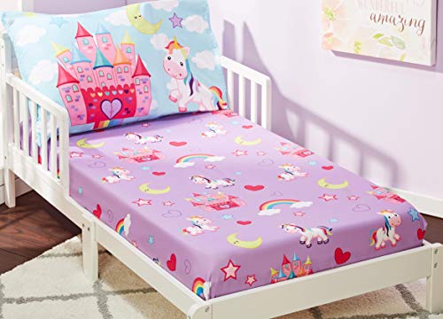 EVERYDAY KIDS 3-Piece Toddler Fitted Sheet, Flat Sheet and Pillowcase Set - Princess Storyland - Soft Breathable Microfiber Girls Toddler Sheets Set - Toddler Bed Sheets