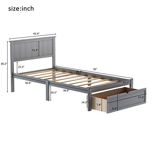 Twin Size Platform Storage Bed with 3 Drawers, Solid Wood Bed Frame, No Box Spring Needed, Oak,Bed Frame