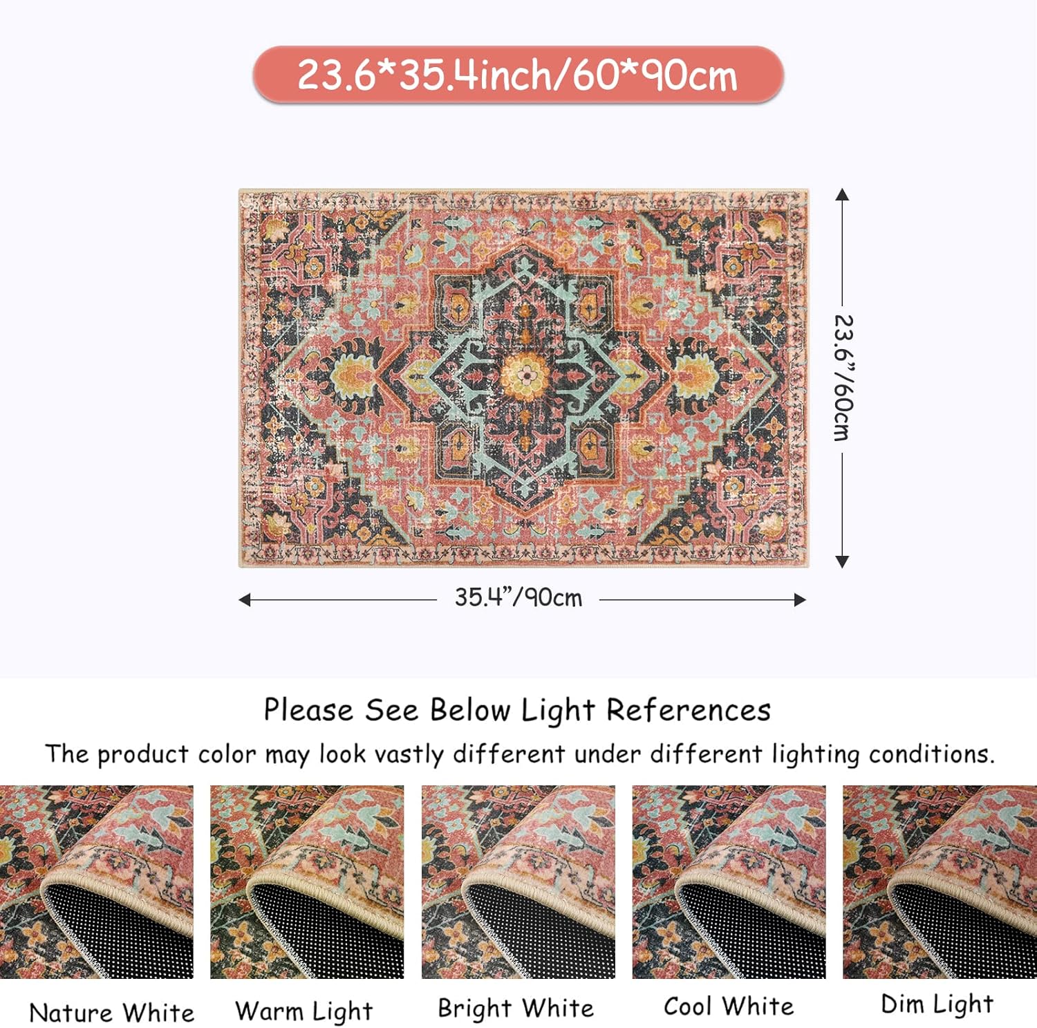 Lahome Washable Hot Pink Kitchen Rugs 2x3 Small Entryway Rug, Bathroom Rugs Non Slip, Bohemian Floral Soft Rubber Backing Low-Pile Indoor Printed Throw Floor Carpet for Bedside Laundry Door