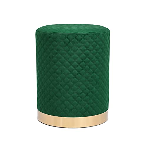 Adeco Round Upholstered Velvet Ottoman with Gold Metal Base, Makeup Vanity Chair Soft Compact Padded Foot Rest Stool for Living Room Bedroom, Green