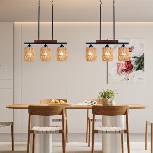 Black Farmhouse Kitchen Island Lighting, 5-Light Linear Chandeliers for Dining Room, Modern Rectangle Rustic Kitchen Light Fixtures Over Table, Industrial Hanging Pendant Lights, Height Adjustable