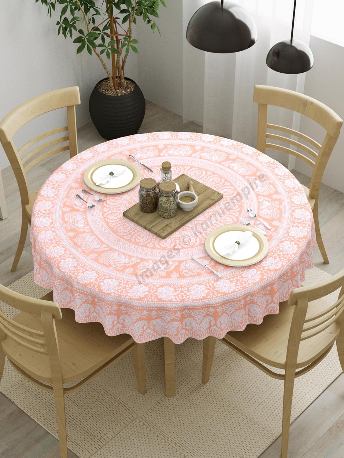 Indian Handmade Pink Gold Elephant Bohemian Mandala Flowers Bho Tablecloth Mat Tabletop Table Cover for Kitchen Dining Home Decor Picnic Camping Dinner Center table 50 Inchs