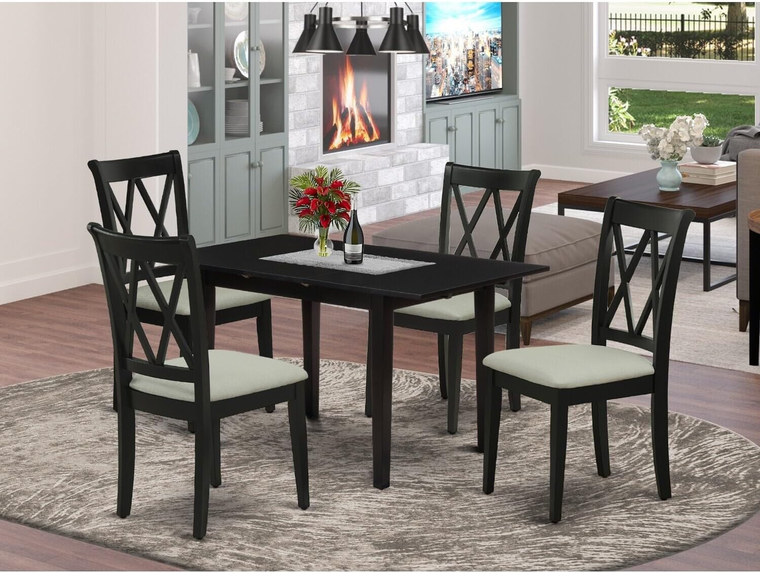 Lakeside Living 5-Pc Wood Dinette Set 4 Dining Room Chair with Double X-Back and A Linen Fabric Seat and Butterfly Leaf Wood Table with Rectangular Top and 4 Legs- Black Finish