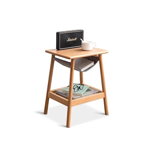 End Table - 100% Solid Oak Wood Side Table with Fabric Pocket - Small Coffee Table for Living Room (Walnut Color)