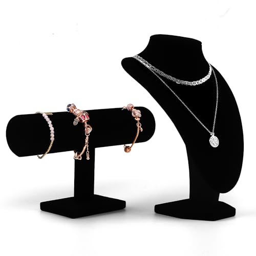 Coobbar Black Velvet Jewelry Display Set - T-Bar & Mannequin Bust, 2-Piece for Necklace & Bracelet Display, Retail Jewelry Organizer, Desk Stand, Boutique Necklace Stand (Black)
