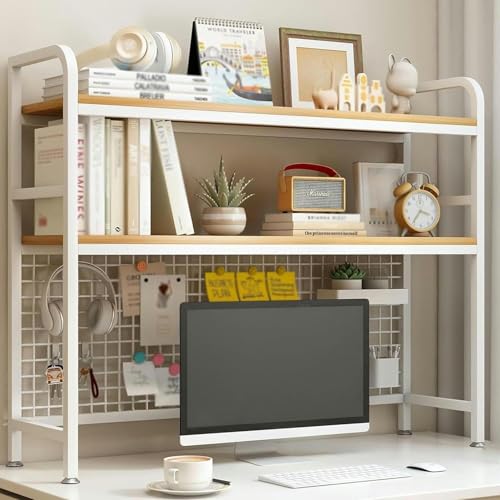Desktop Bookshelf for Computer Desk - 2-Tier Multipurpose Countertop Hutch Bookshelf, Metal Desk Shelf Bookcase with Grid Panel, Freestanding Countertop Storage Organizer Rack, for Office Dorm ( Size
