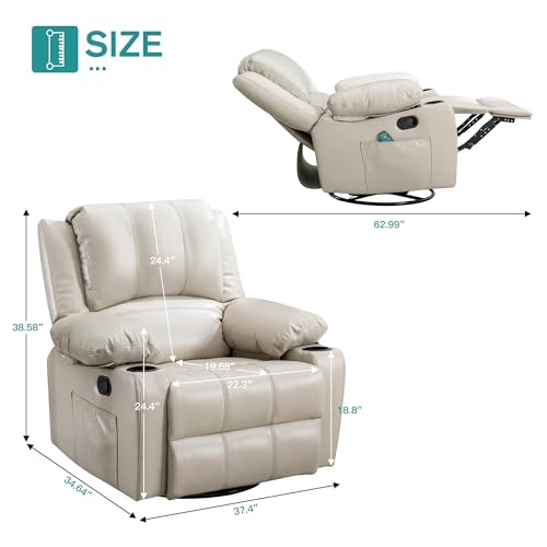 Manual Massage Swivel Rocker Recliner Chair with Vibration Massage and Heat, Lounge Chair for Living Room with Side Pockets, 2 Cup Holders and USB Charge Port