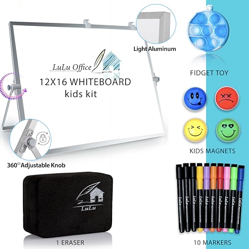 Dry Erase White Board for Kids, 16inX12in Large Magnetic Desktop Whiteboard with Stand Wall Hanger, 10 Markers, 4 Magnets, 1 Eraser, Portable Double-Sided Easel for Kids to Do List Desk Board
