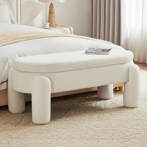 Modern 45 Inch Boucle Storage Ottoman Bench, Upholstered Bedroom Benches for End of Bed, Entryway, Hallway, Living Room, Large Storage Foot Rest Stool, Fur White