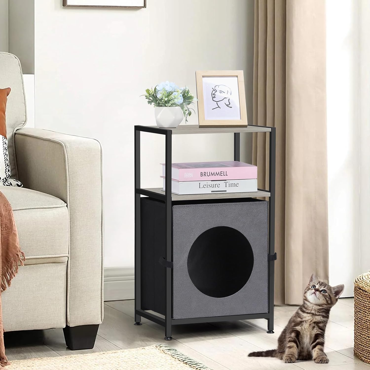 MOOACE Cat House, Hidden Cats House Furniture Shelves Storage, Indoor Cat Shelter Cabinet Pet Cave Bed End Table with Storage Shelf, Black