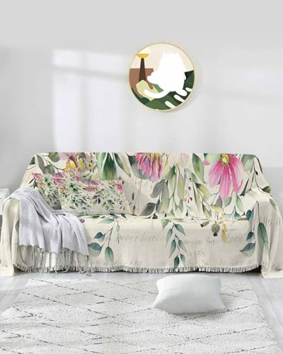 Couch Covers for Loveseat Chair, Pink Purple Flowers Non Slip Sofa Slipcover Protector for 2 Cushion Couch, Spring Floral Eucalyptus Leaves Summer Botanical Soft Throw Cover for Kids, M-71