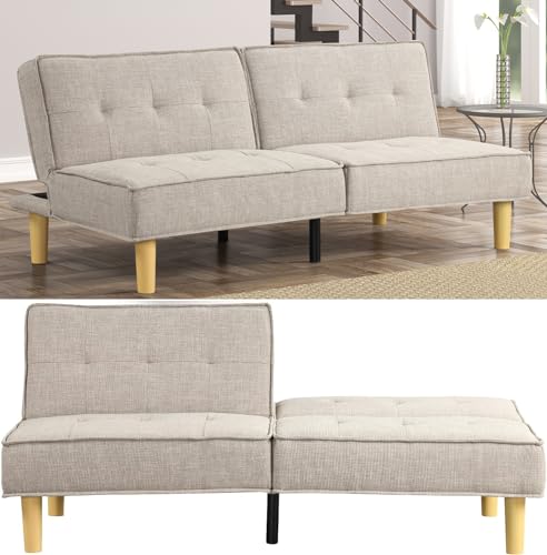 KORZEY Convertible Sleeper Futon Couch, Sofa Couches with 3-Level Adjust Backrest, Futon Loveseat Sleeper for Living Room, Small Apartment, Office,Begie Fabric