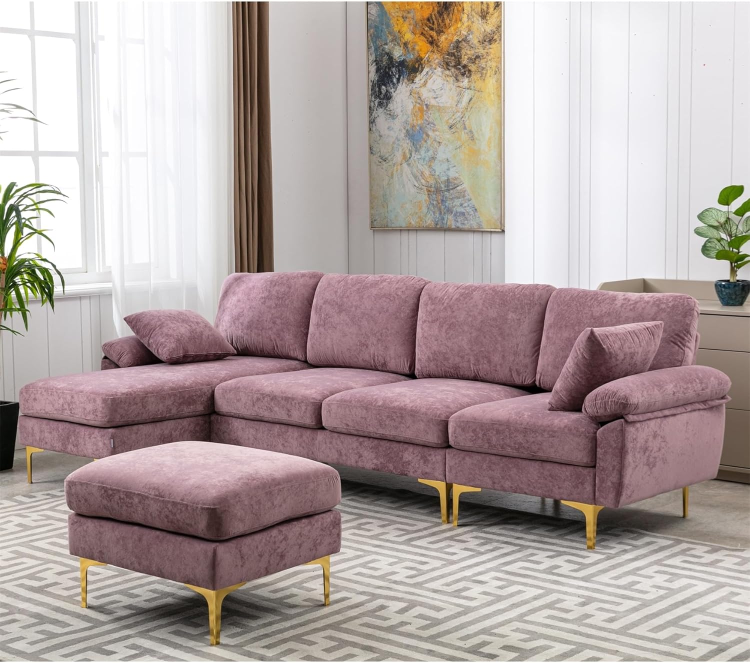 Living Room Accent Sectional Sofa Purple Modern Contemporary Solid U-Shape Polyester