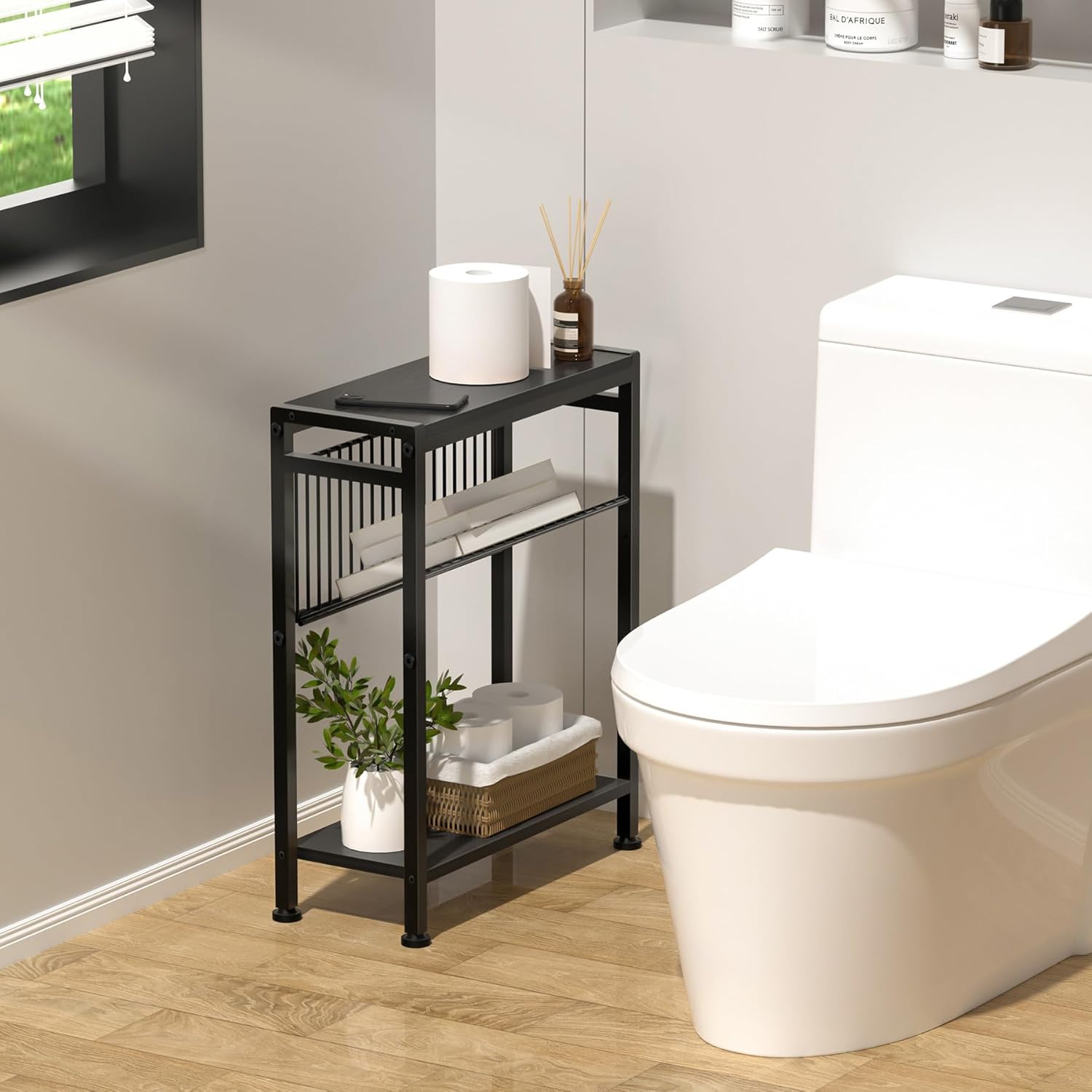 Small End Table for Small Space, 3-Tier Narrow Side Table with Magazine Holder (Black) & (Grey)