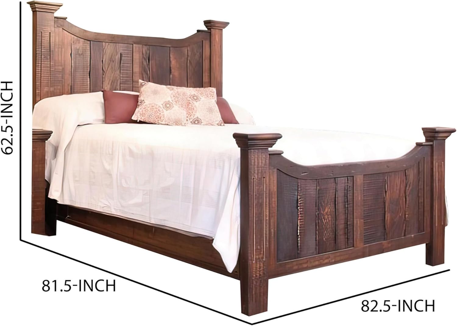 Benjara Bry King Size Bed, Pine and Mango Wood, Panel Headboard, Rustic Brown