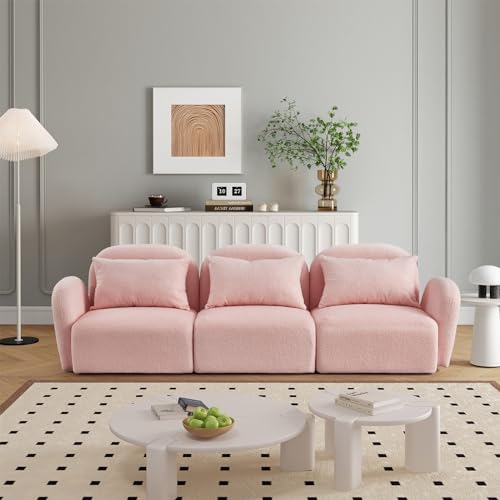 Modern Lazy Sofa Furniture Set, Soft Teddy Fabric Couch with Comfy Upholstered Chairback and Sturdy Base, Easy to Clean, for Living Room, Bedroom, Three Seat+Light Green