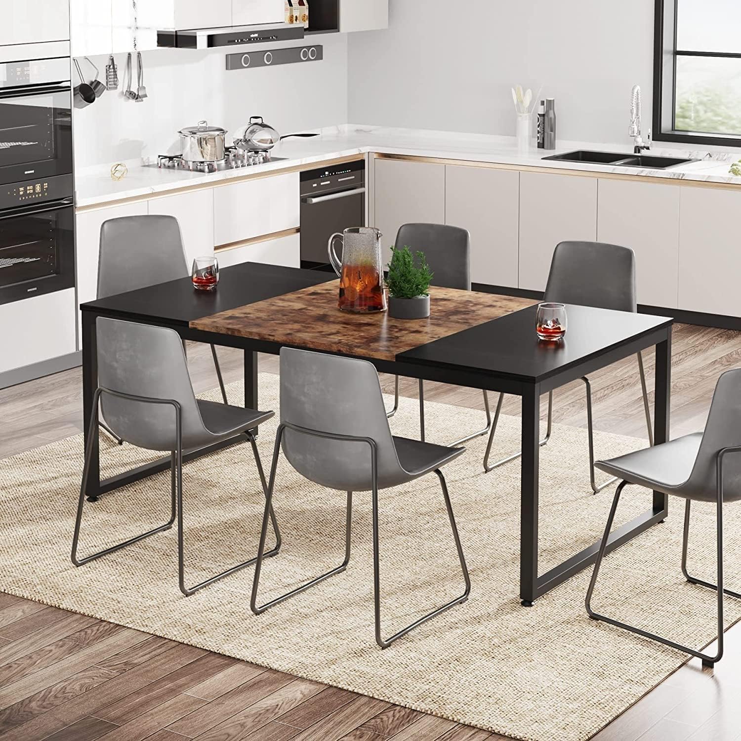 Overstock 71 Inch Modern Rectangular Dining Table for 6 Person Black/Brown