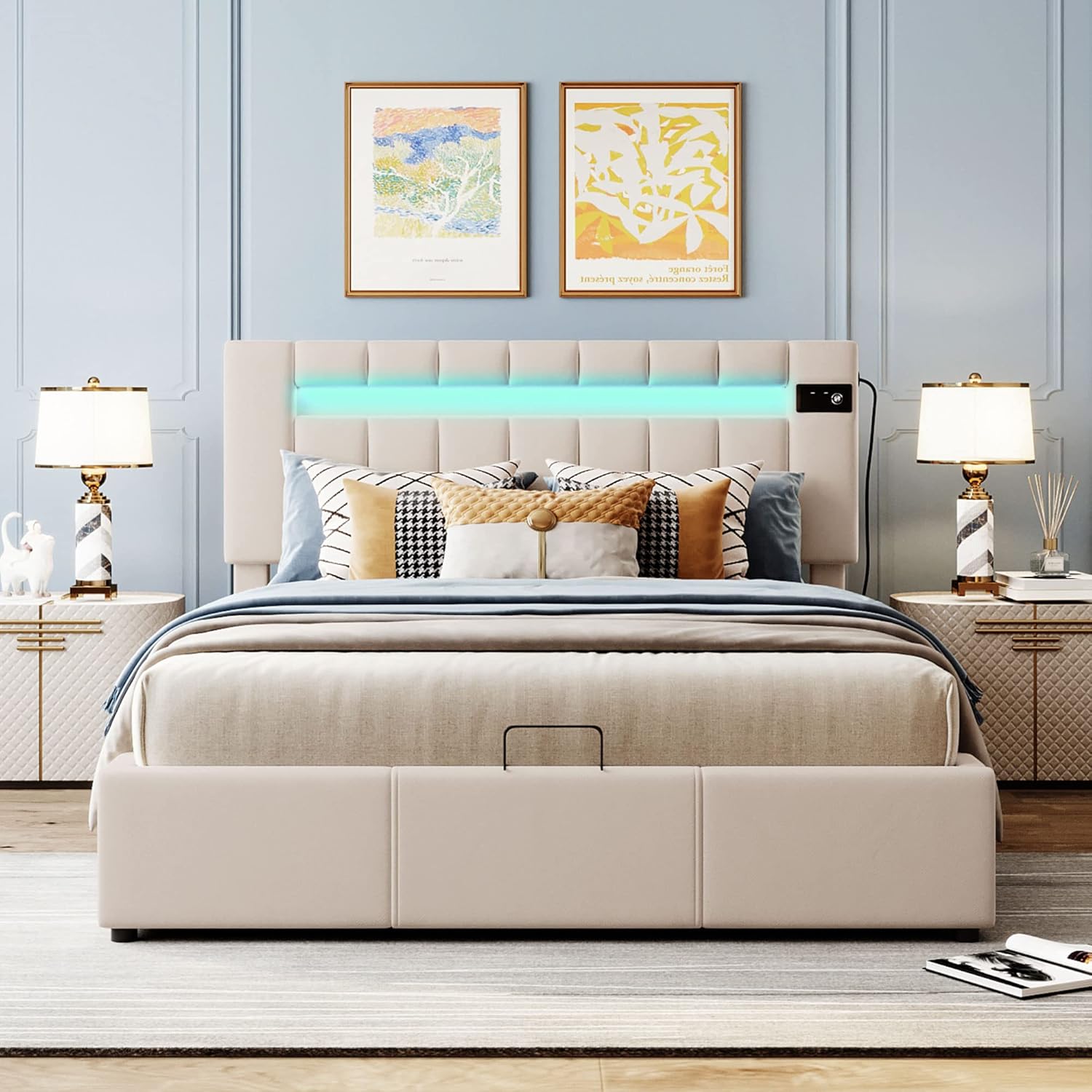Queen Size Upholstered Bed with LED Light, Bluetooth Player, USB Charging, Hydraulic Storage, Beige Velvet, 81.10x60.24x43.11 in.
