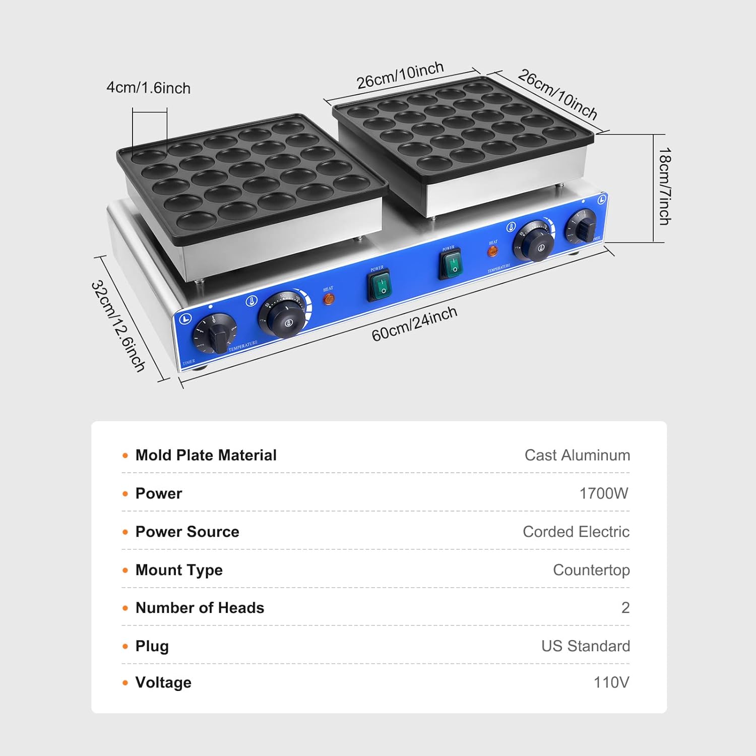 50PCS Mini Dutch Pancake Baker - 1700W Commercial Waffle Maker, Non-Stick, Dual Heads, Separate Controls & Timers, Portable 1.8 Inches Muffin Maker for Home and Restaurants