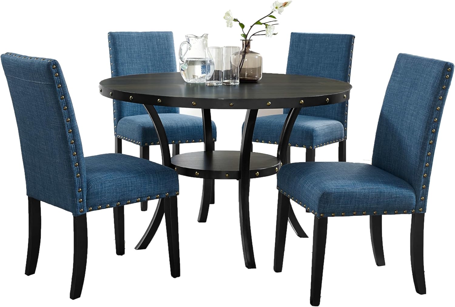 5-Piece Solid Wood Dining Table Set with 4 Upholstered Chairs – Farmhouse Style Kitchen Furniture, Brass Nailhead Detailing, Coffee Bean Finish, Metal Legs, Easy Assembly