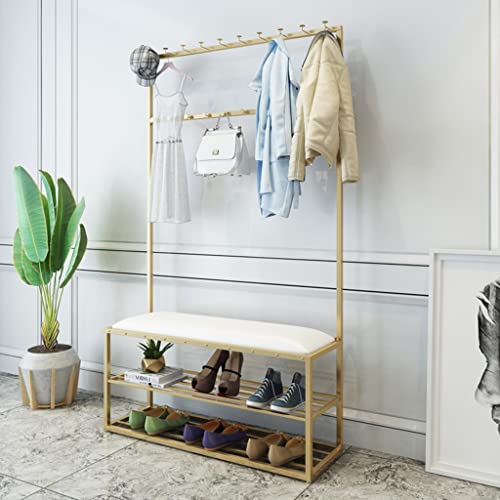 Entryway Coat Rack Shoe Bench Hall Tree With Hooks 2 Storage Shelf Floor Drying Rack Iron Wrought Hallway Furniture Clothing Store Home Bedroom (Color : Gold B, Size : 100x30x170cm
