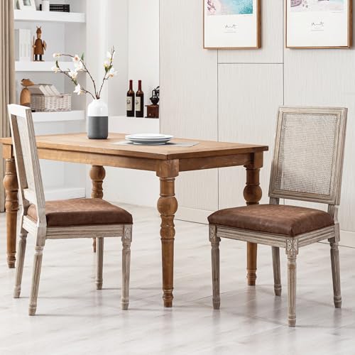 Vintage Dining Chairs Set of 2 Farmhouse Leather Rattan Chair with Round Back, Solid Wood Carved Legs French Bistro Chairs for Dining Room/Living Room/Kitchen/Restaurant, Black