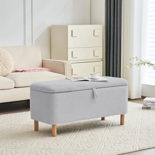 Boucle Storage Ottoman Bench for Bedroom end of Bed, Sherpa Upholstered Shoe Seat Storage Beach for Entryway Bed Foot, Rectangle Padded Blanket Chest Cute for Living Room for Kid, Pink