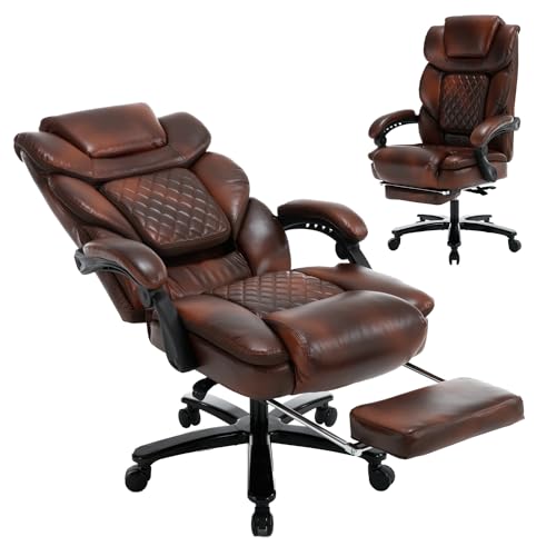 linting 450lbs Big Tall Reclining Office Chairs with Footrest Back Support Ergonomic Wide Seat Leather Recliner Desk Chair Executive Office Chairs, Plus Size Managerial Chairs, Gray