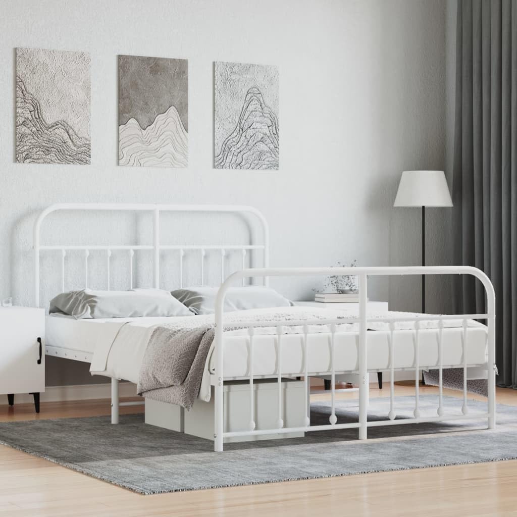 vidaXL Double Bed Frame with Headboard and Footboard, Robust Steel Construction, Storage Space Under The Bed- White
