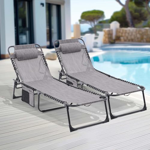 Set of 2 Outdoor Lounge Chairs Fold TanningChair 4-Level Adjustable, Portable Pool LoungeChair with Headrest&SidePocket, Coffee