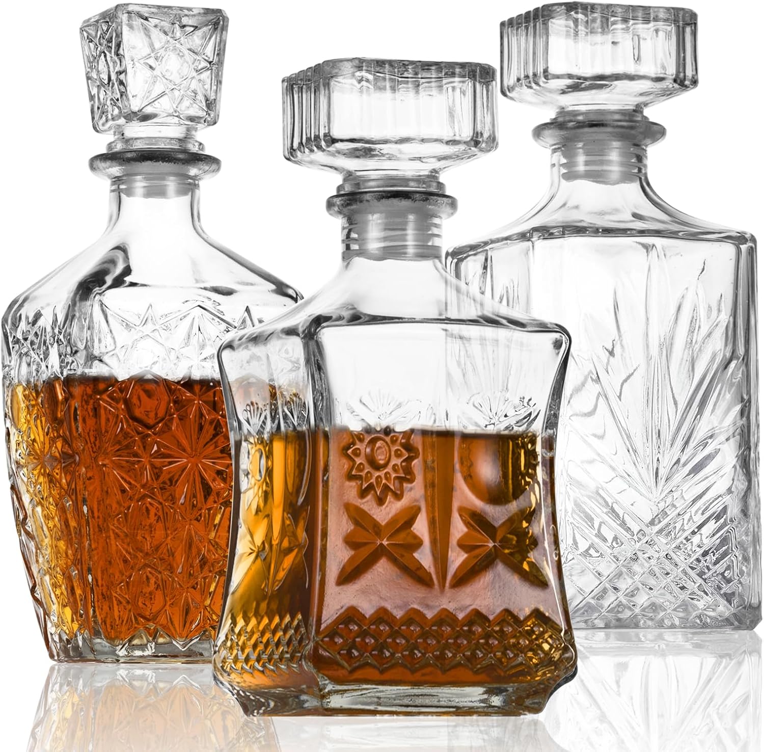 Liquor Decanters Whiskey Decanter Set of 3 Glass Alcohol Bottle for Tequila, Brandy and Vodka Unique Liquor Bar and Party Decorations (28oz*2, 31oz*1)