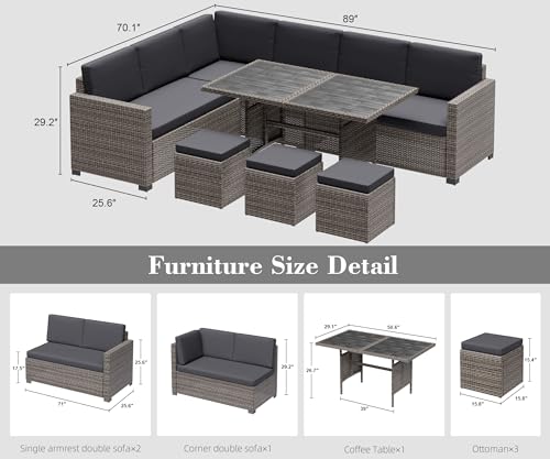 7 Piece Patio Furniture Set, Outdoor Furniture Patio Sectional Sofa, All Weather PE Rattan Outdoor Sectional with Grey Cushions and Table, Grey Wicker (Grey)