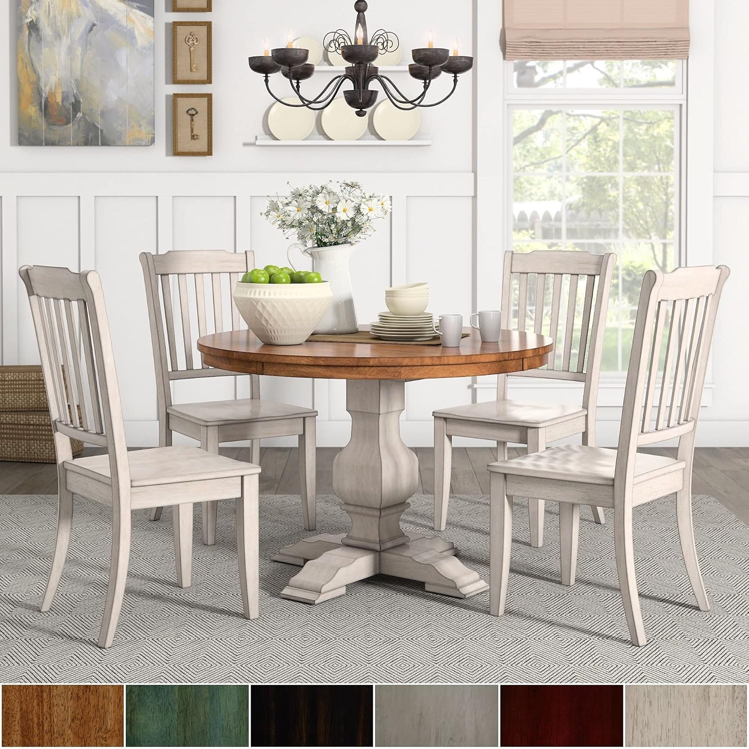 Inspire Q Eleanor Antique White Round Solid Wood Top 5-Piece Dining Set - Slat Back by Classic Antique Sage Green Chairs