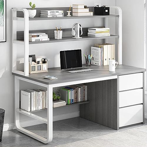 Home Office Desk with Bookshelf and 3 Drawers PC Study Writing Desk Student Writing Study Table Modern Simple Computer Desk/Workstation(39 Inch, White)