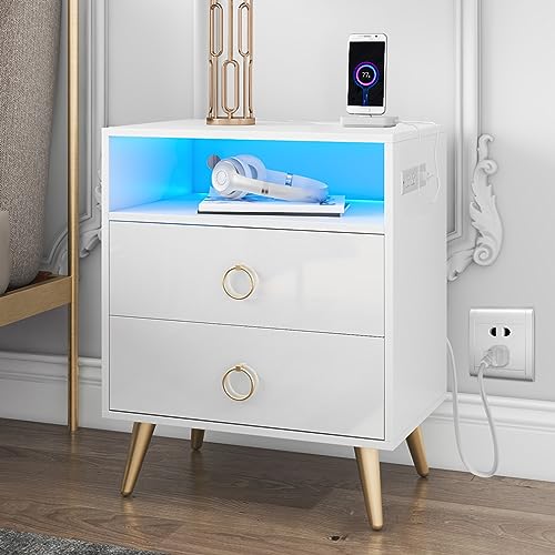 HOMMPA White LED Nightstand with Charging Station Open Shelf Bedside Table with 2 Drawers with Smart Nightstand with USB Ports High Gloss Night Stand for Bedroom with 16 Colors LED Light