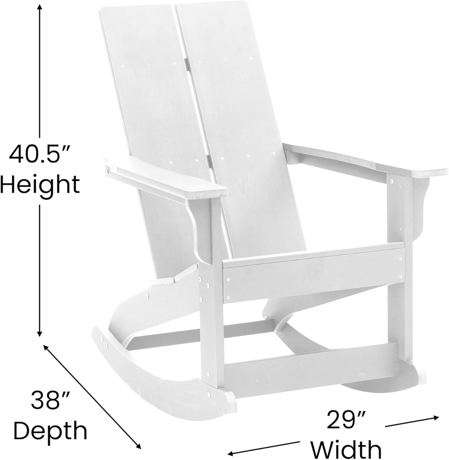 BizChair Modern Commercial Grade Poly Resin Wood Adirondack Rocking Chair - All Weather White Polystyrene - Dual Slat Back - Stainless Steel Hardware