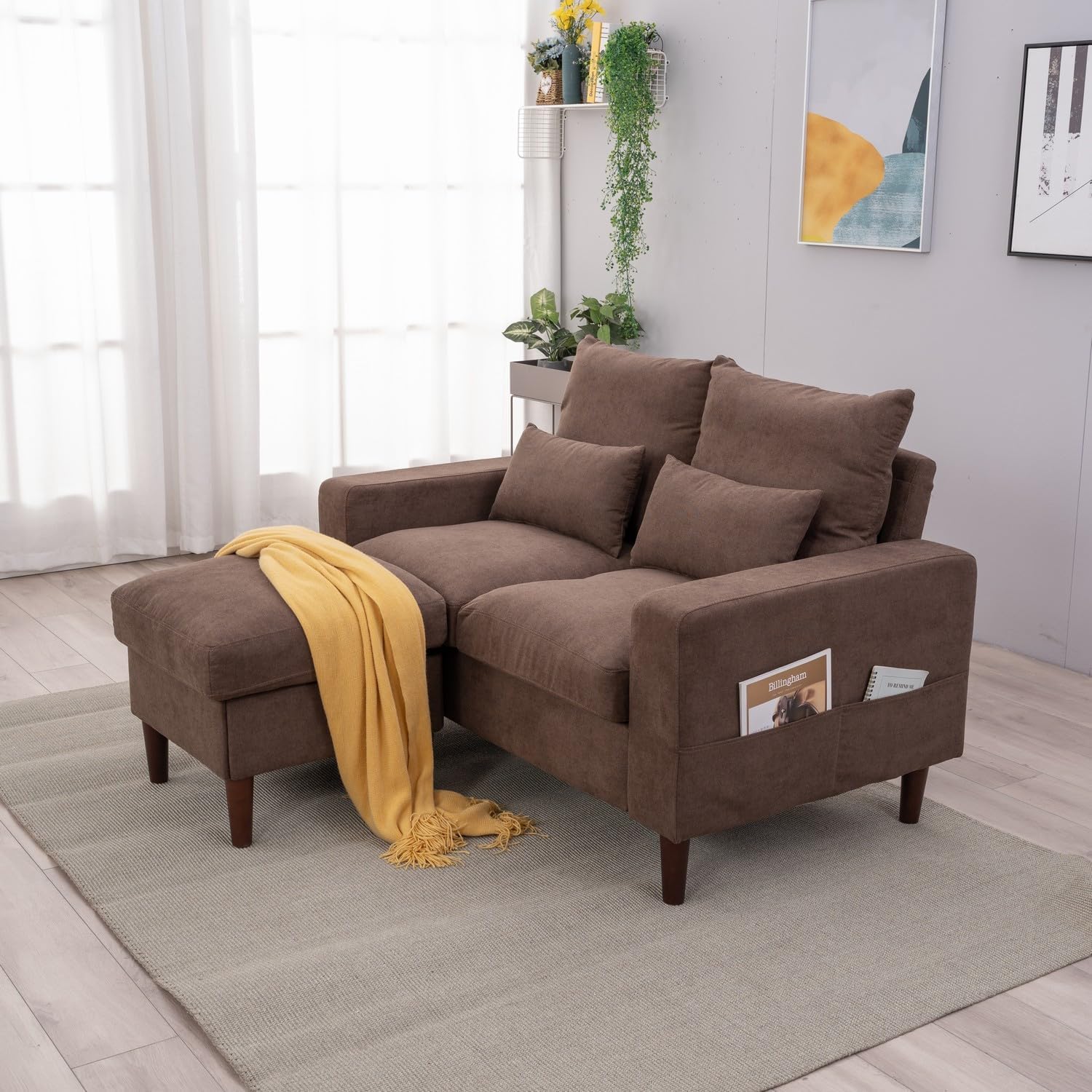 Panana 2 Seater Loveseat Sectional Sofa Couch for Apartment Sectional Set with Convertible Ottoman Footstool (Brown, 2 Seater with Ottoman Stool)