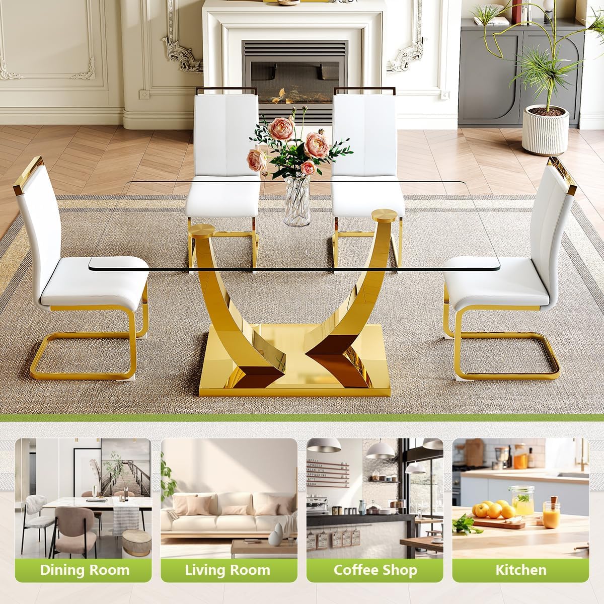 63'' Glass Dining Table Set for 4, Dining Room Table Set for 4, Dining Table with Stainless Steel Leg and Base, PU Dining Chairs (C Style: Glass Gold Table + White Chair, 63'' Table * 4 Chairs)