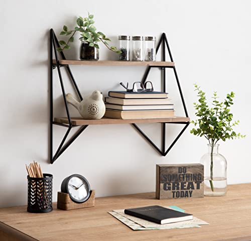 Kate and Laurel Melita Decorative Modern Farmhouse Two-Tier Floating Wall Shelf with Metal Frame and Solid Wood, Black/Rustic Brown