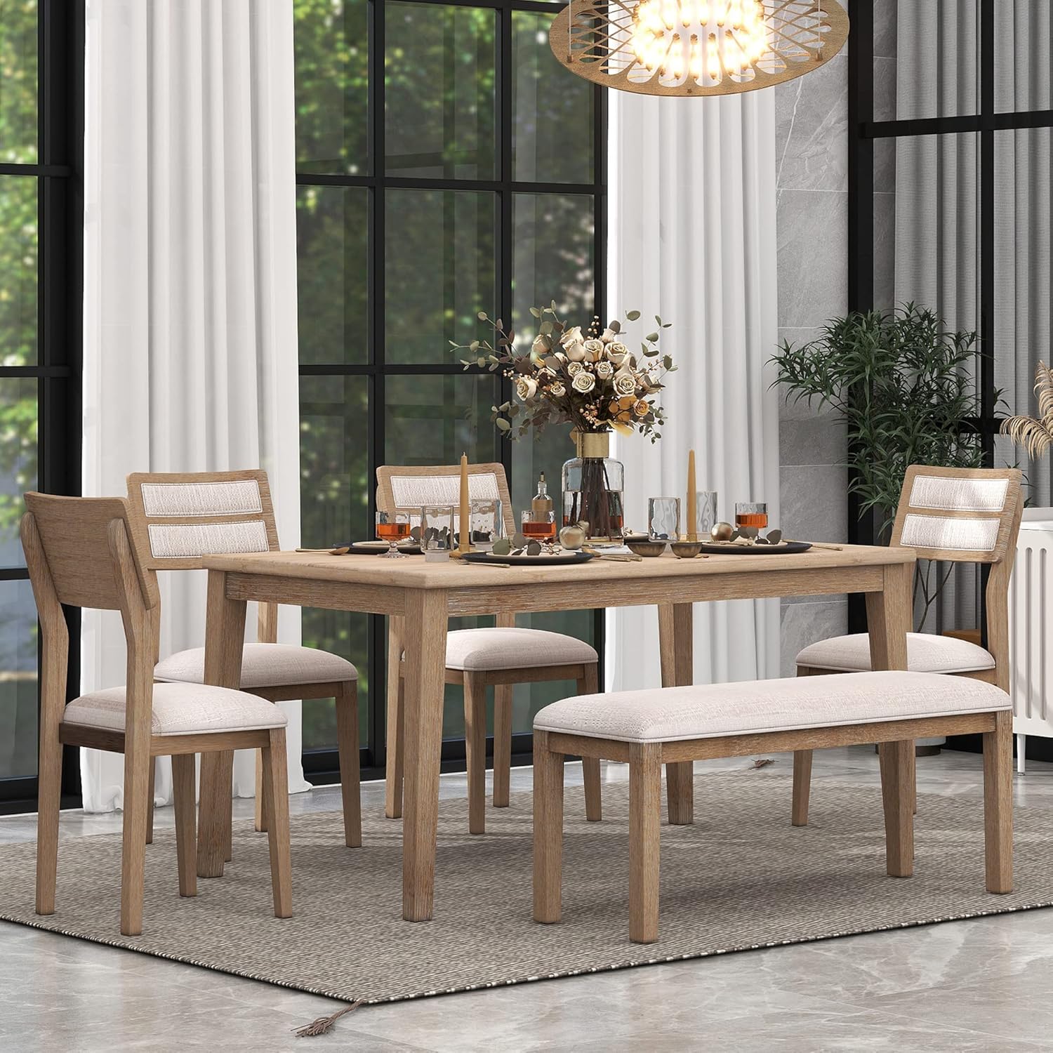 Room Pieces Dining Set for 6,Classic Traditional Style Rectangular Table and 4 Upholstered Chairs 1 Bench for Family Kitchen,Natural Wood Wash, Onesize