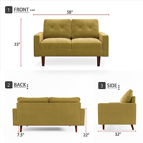 Small Velvet Loveseat, Mid-Century Modern Love Seat, Small Spaces Loveseats, Sofa Couch for Living Room Bedroom Office, Square Arms, Solid Wood Legs (70